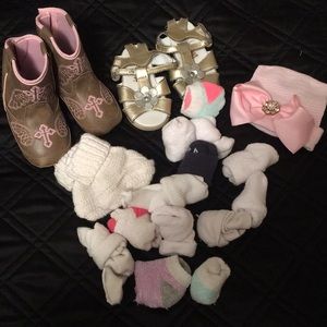 13 pair socks, 2 shoes, one blinged hat.